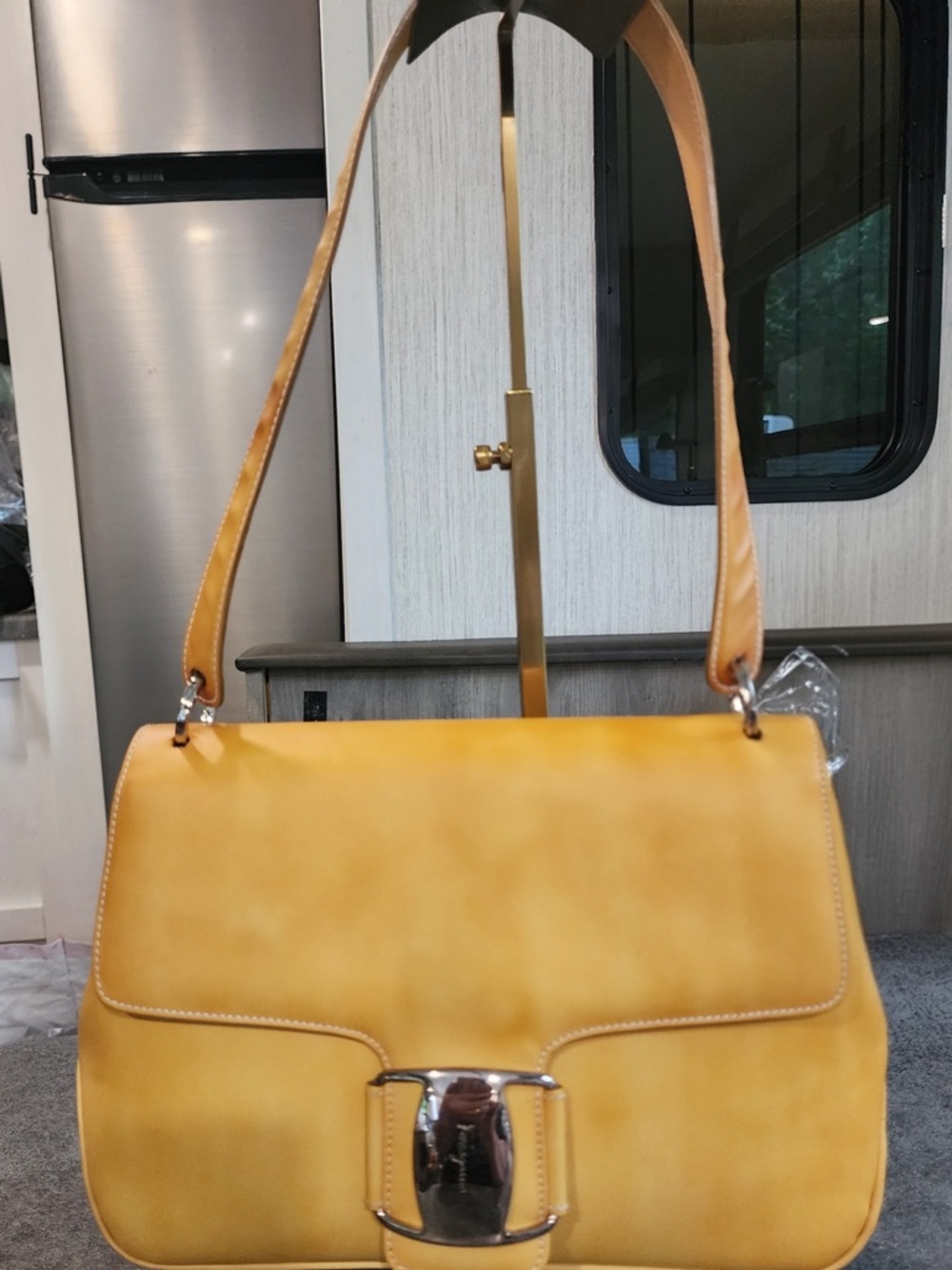 Salvatore Ferragamo Mustard Yellow Leather Shoulder Bag with Silver Hardware